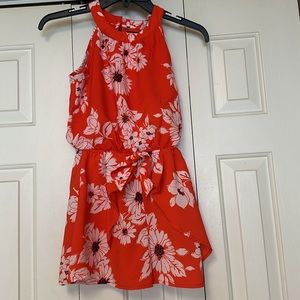 My Michelle girls floral romper orang & white one button bow in back. si…